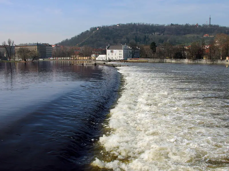 Is canoeing Dangerous? A picture of a weir on a river.