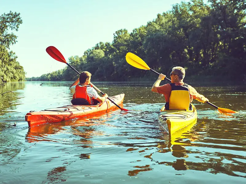 Two people kayaking on a slow moving river in nice weather.