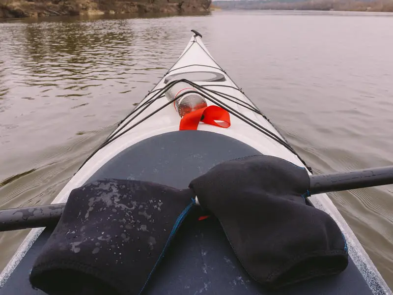 Pogies which are gloves that fit around a kayak paddle allowing the hands to have direct contact with the paddle while staying warm.